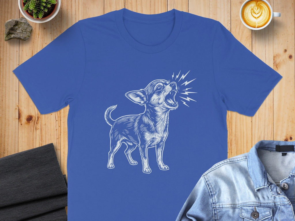 Blue T-Shirt with White Barking Dog Graphic Design