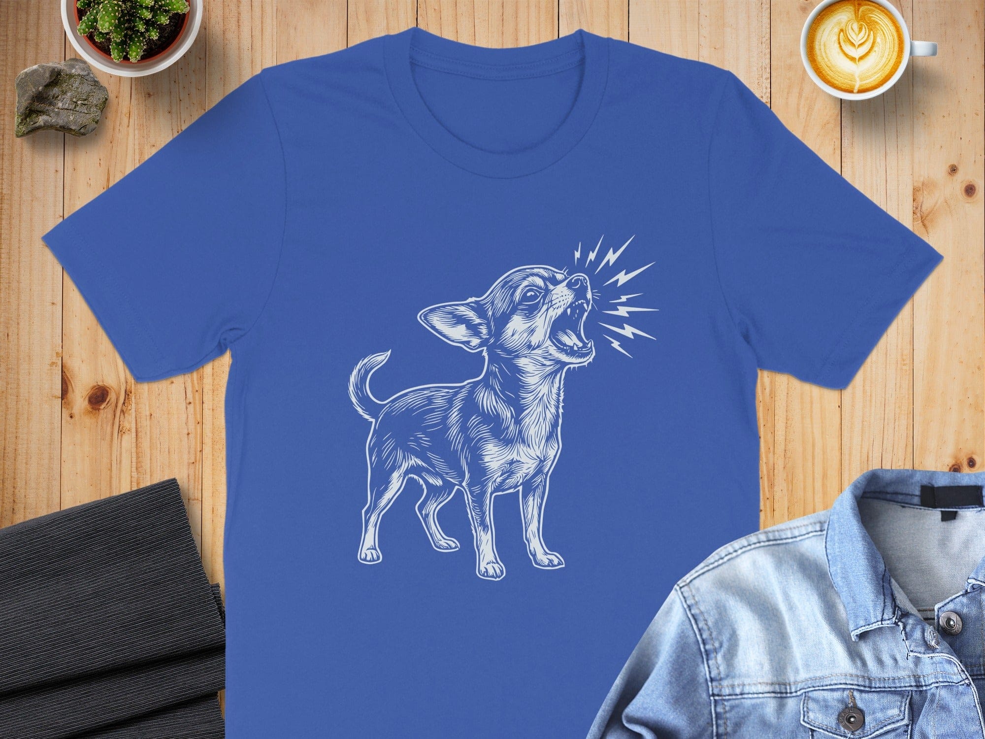 Blue T-Shirt with White Barking Dog Graphic Design