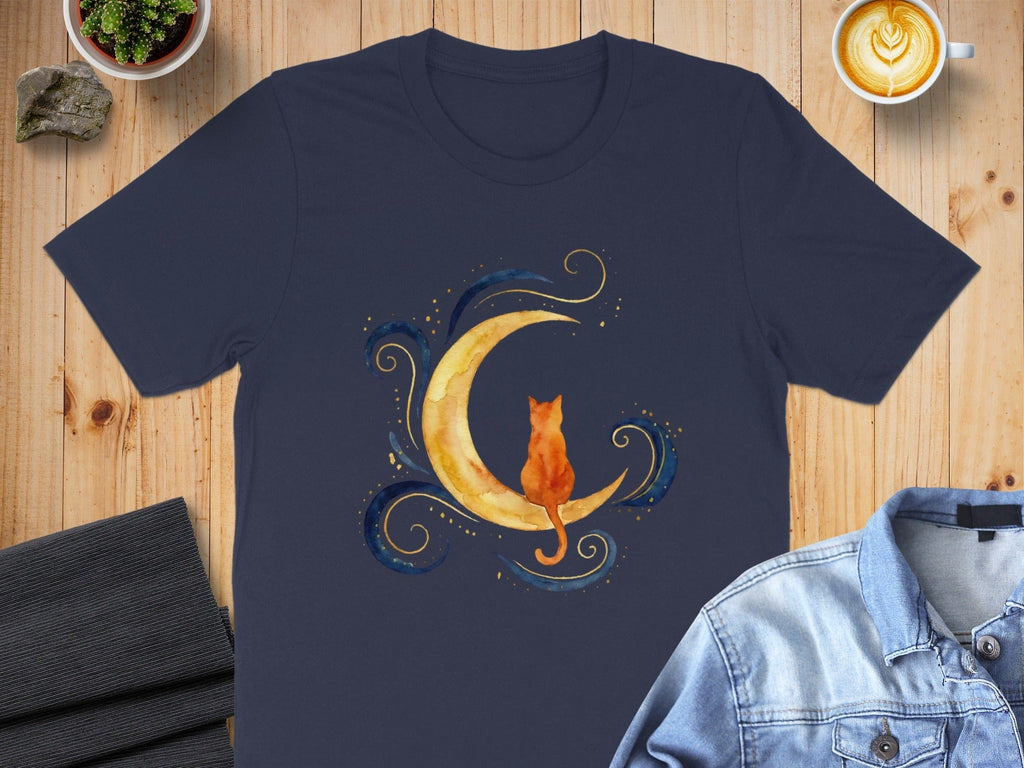 Cat Sitting on Moon with Stars Graphic T-shirt