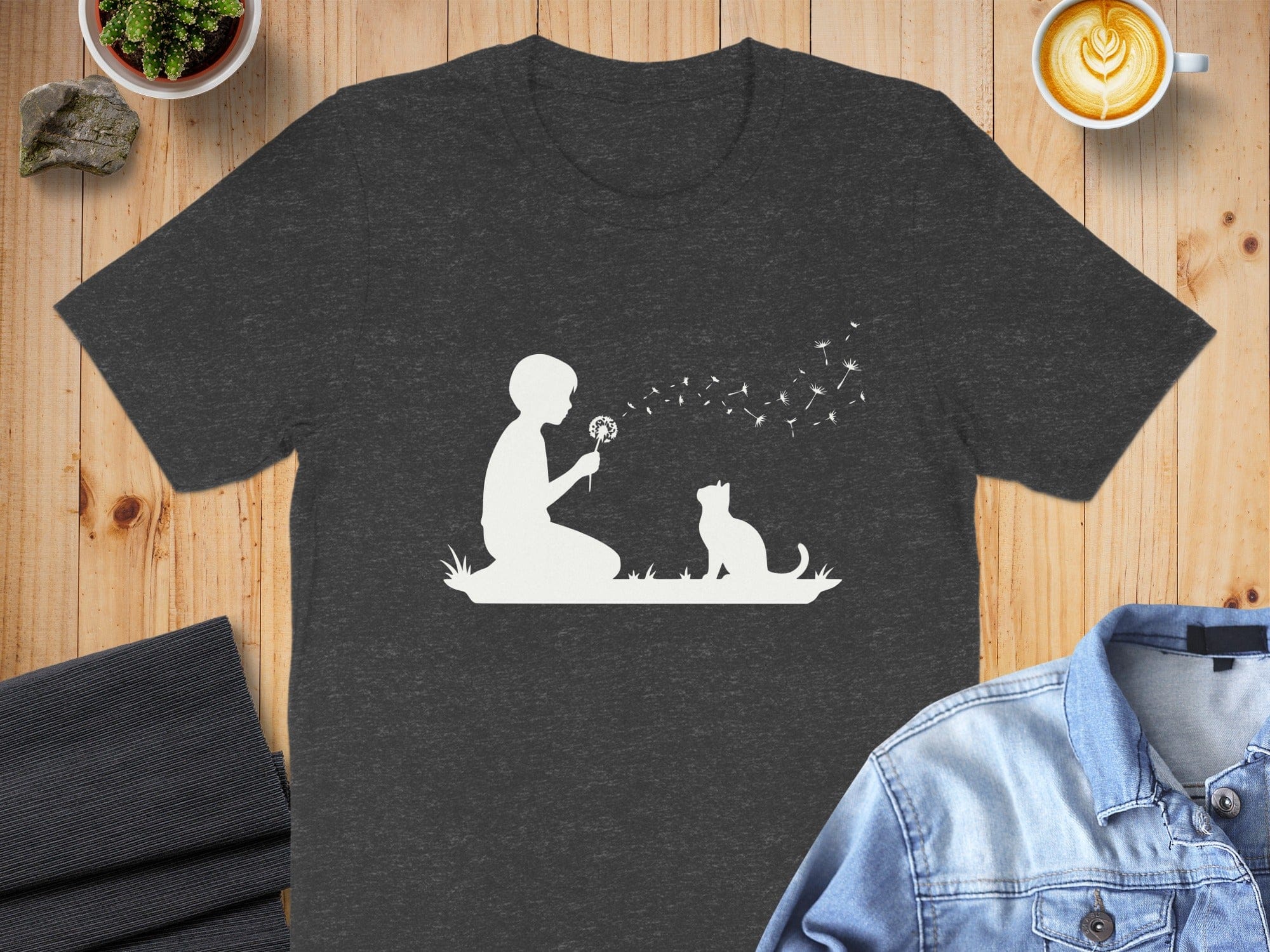 Child and Cat with Dandelion Graphic T-shirt
