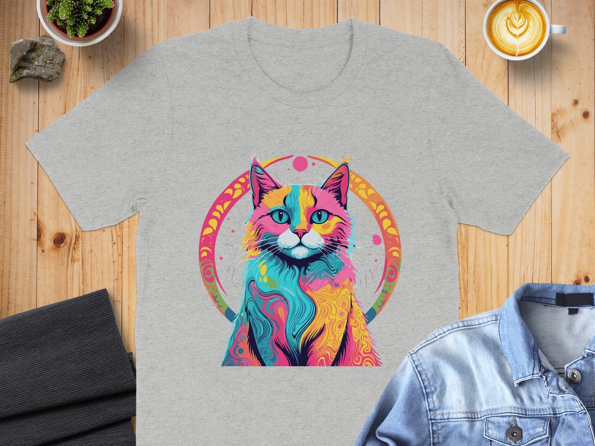 Vibrant Colorful Cat Graphic T-Shirt for Art Lovers