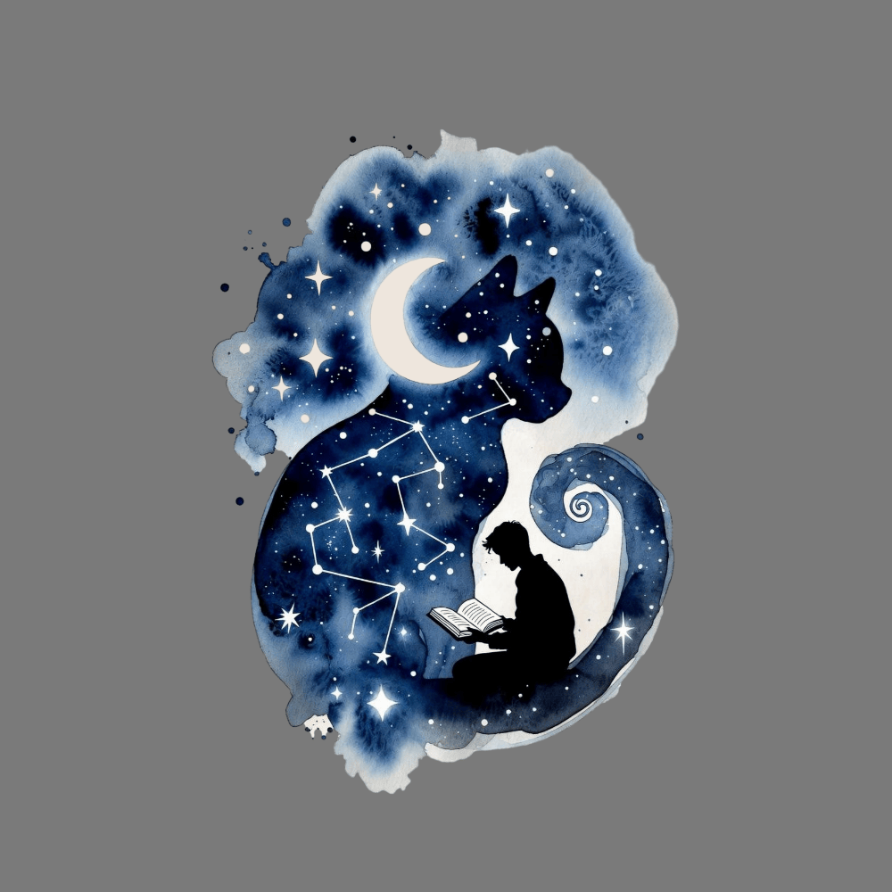 Celestial Cat and Reader Scene Art Print Product