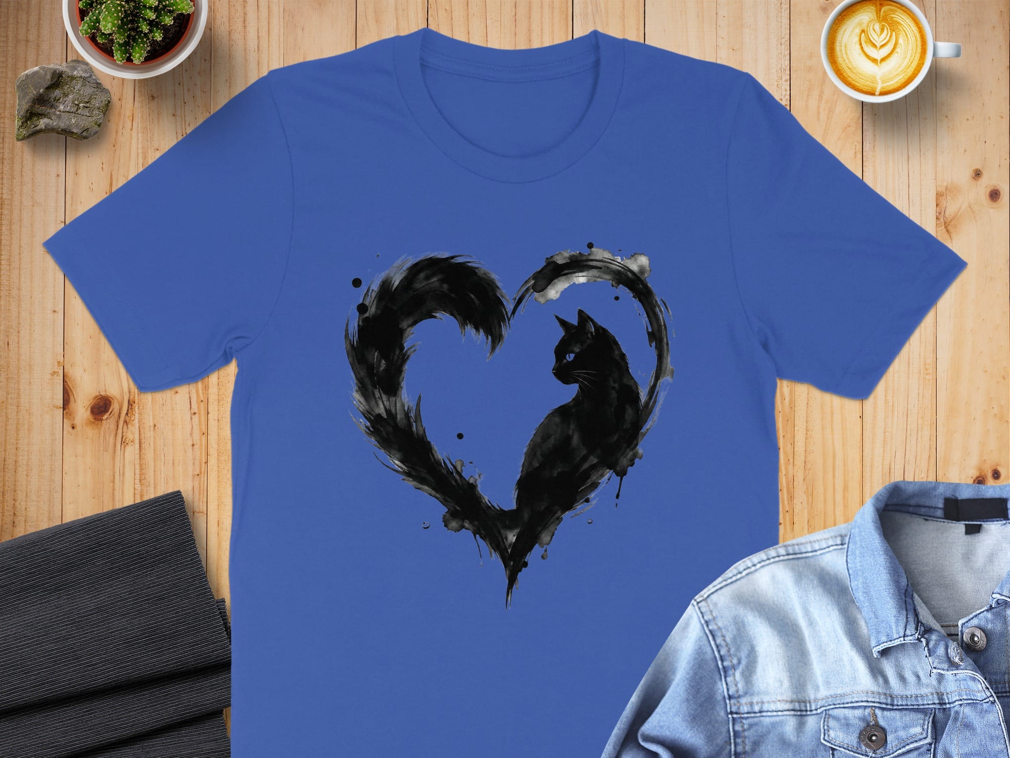 Artistic Black Cat Heart Graphic Design T-Shirt