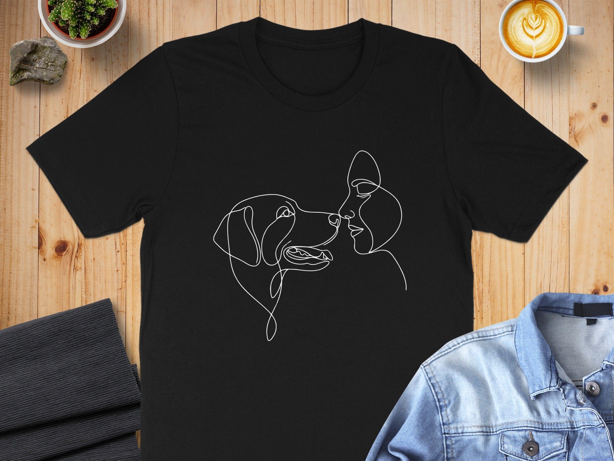 Line Art Dog and Human Face Design T-shirt
