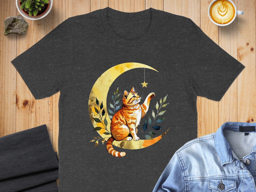 Cat Reaching for Star Moon Design Graphic T-Shirt