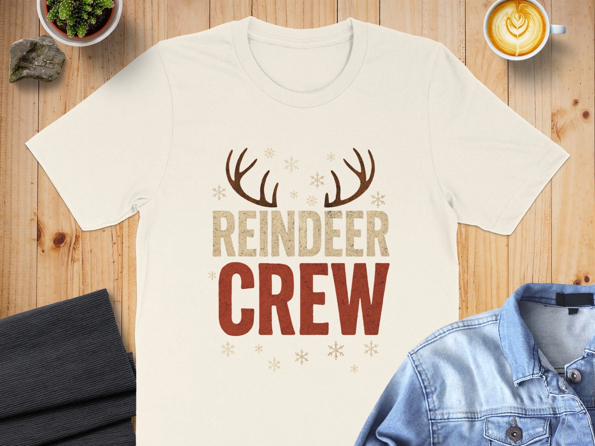 Reindeer Crew Graphic Tee with Antlers and Snowflakes