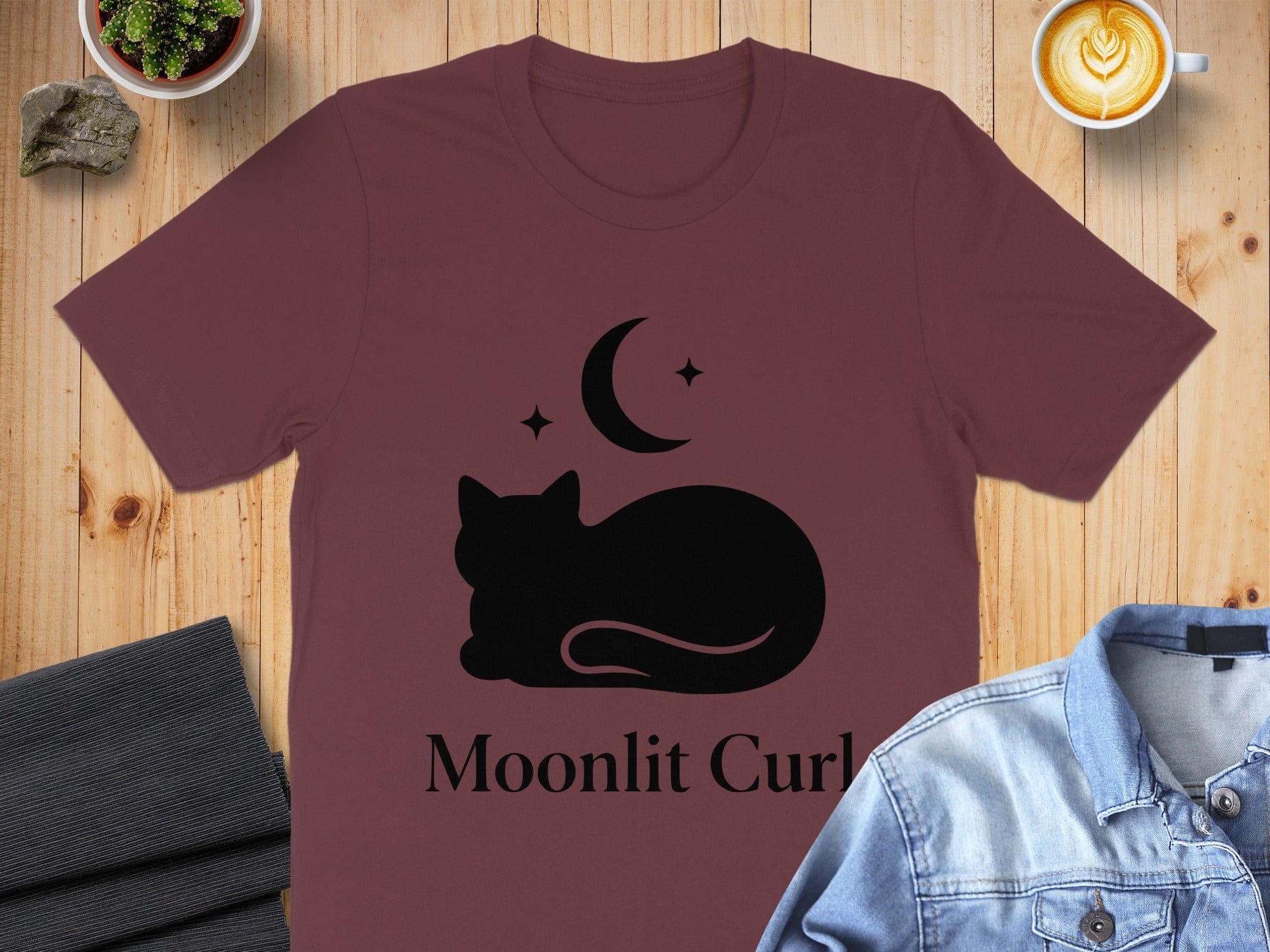 Moonlit Curl Cat Design T-Shirt for Night Lovers