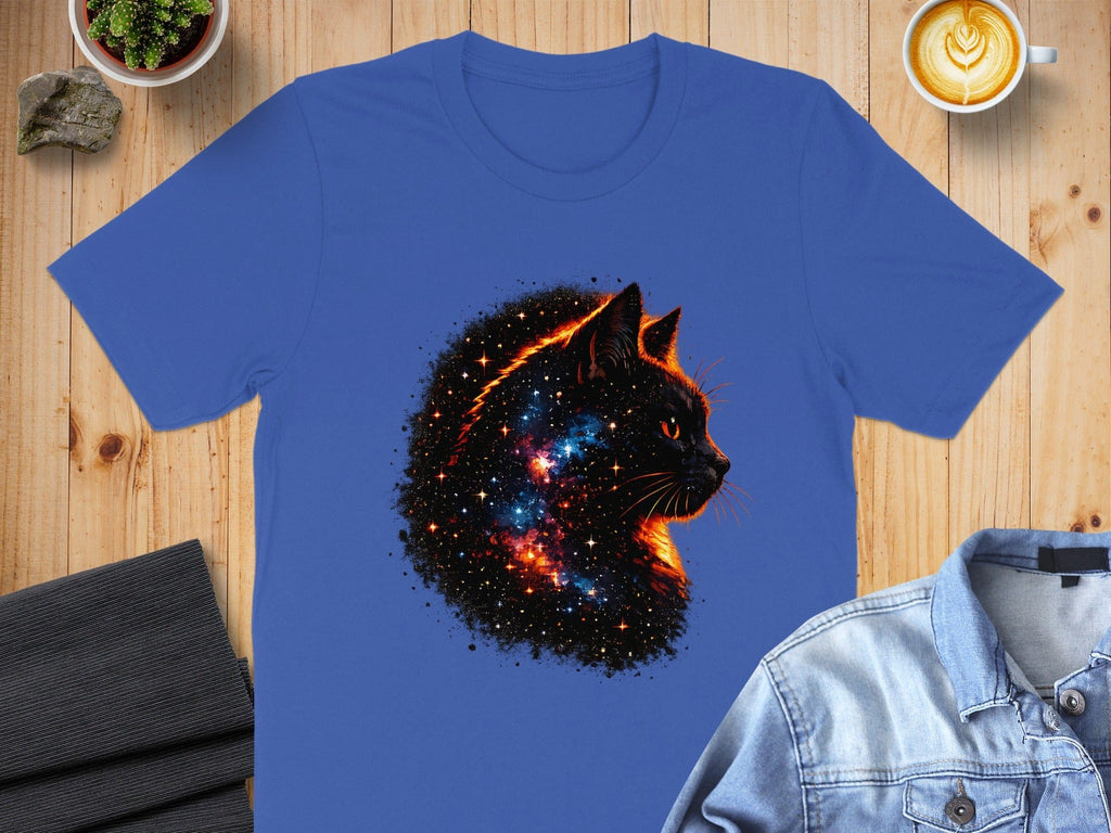 Galaxy Cat Art Print on Blue T-shirt Design