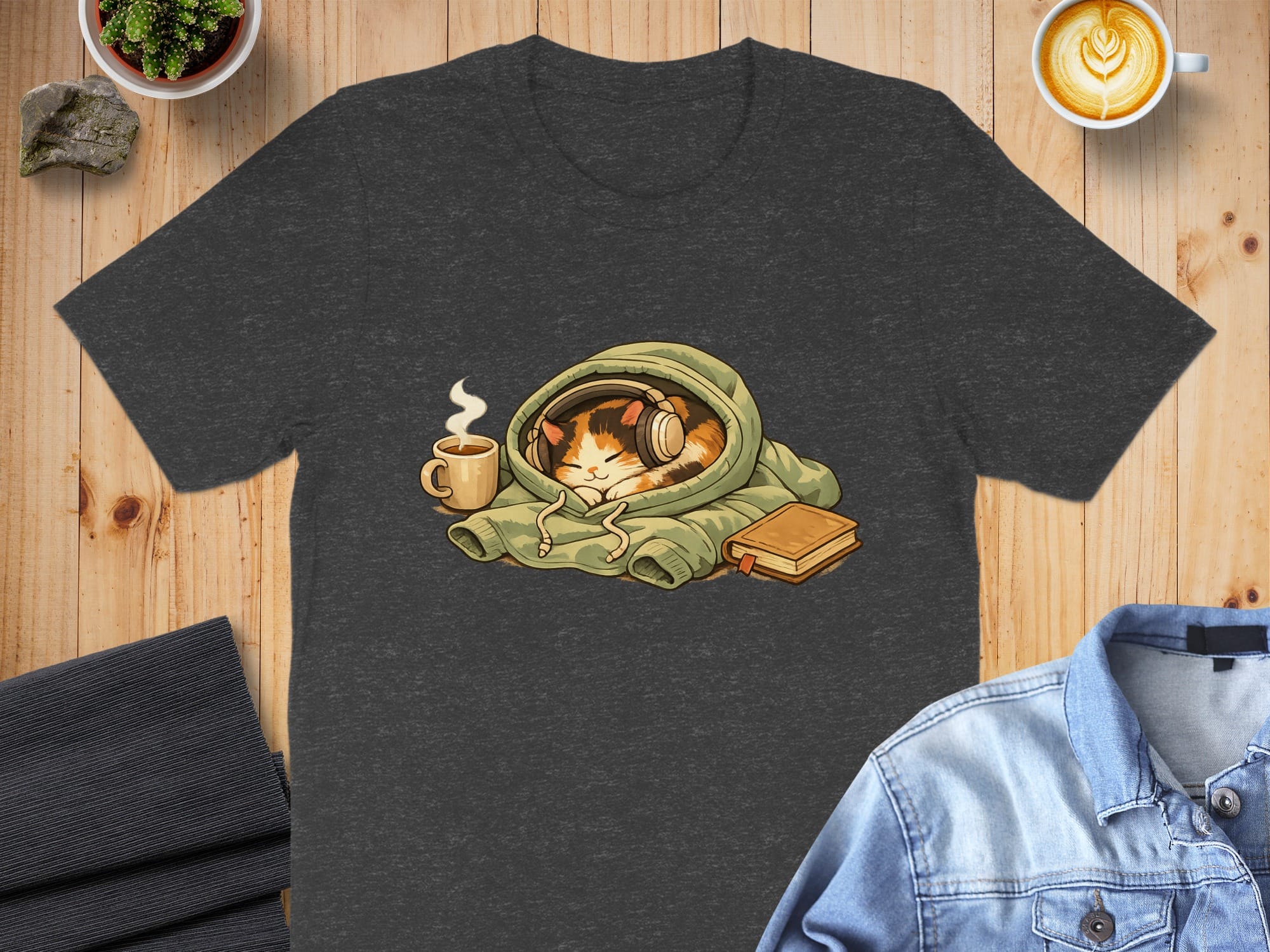 Cozy Cat with Coffee and Hoodie Graphic T-Shirt