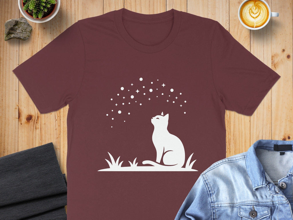 Cat Silhouette with Stars Graphic Design T-shirt