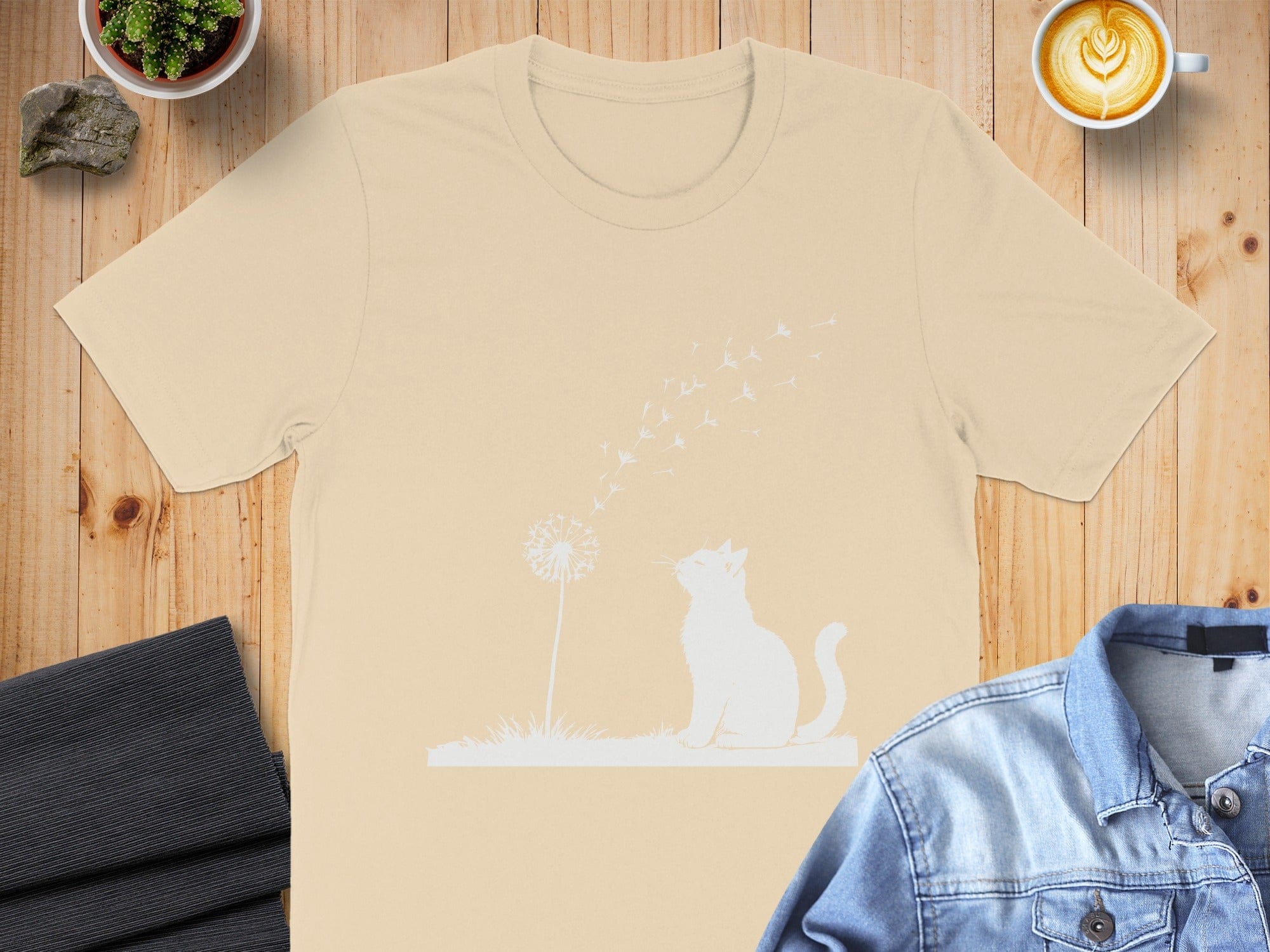 Cat with Dandelion and Doves Graphic T-Shirt