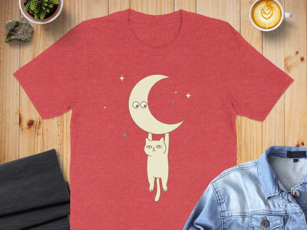 Cute Cat Hanging from Crescent Moon T-Shirt Product
