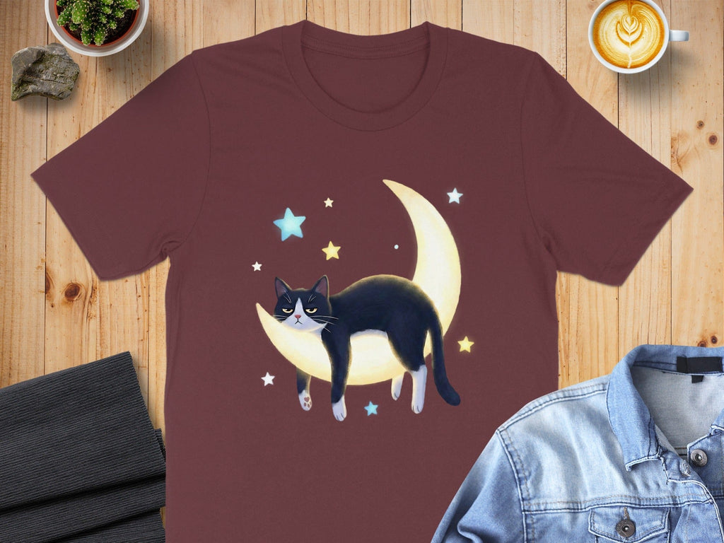 Cat on Moon with Stars Graphic Design T-shirt