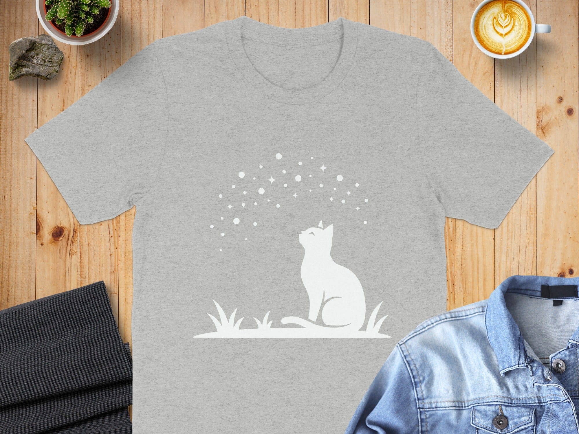 Enchanting Cat and Stars Design T-Shirt Casual Wear