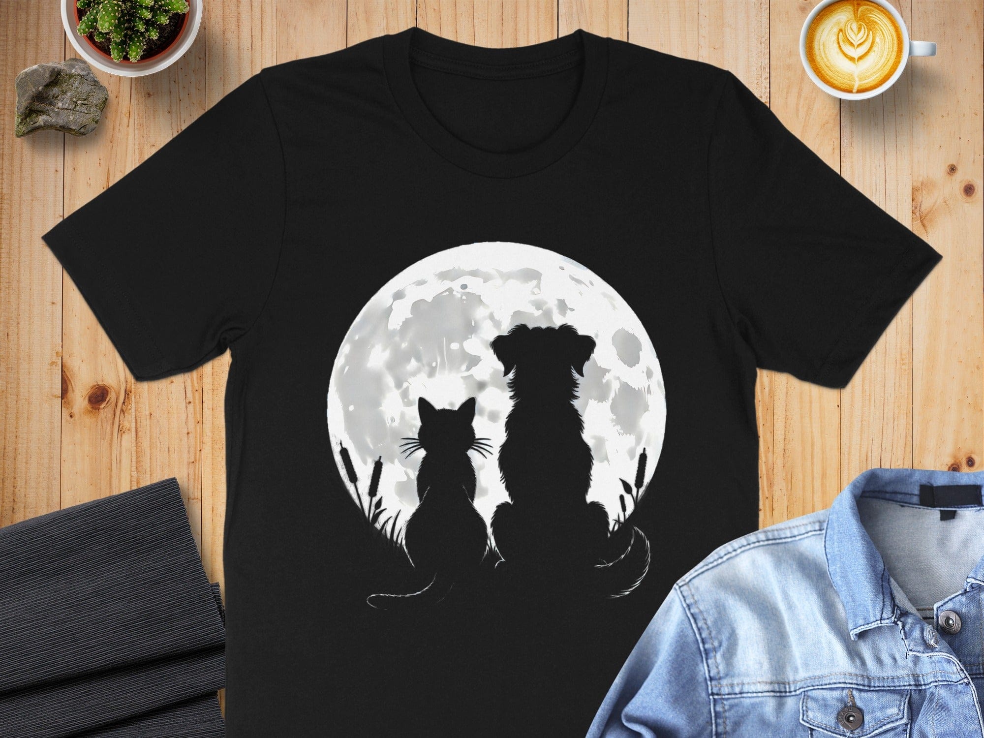 Cat and Dog Silhouette Against Full Moon T-Shirt