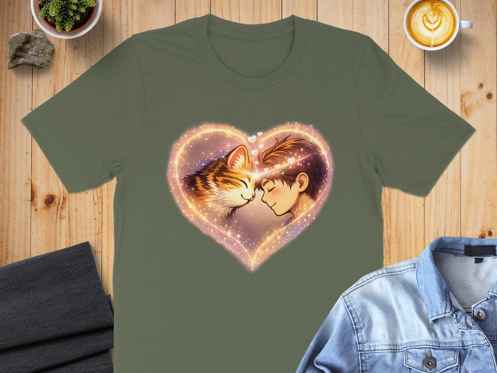 Heart-Shaped Cat and Child Graphic Tee Shirt Design