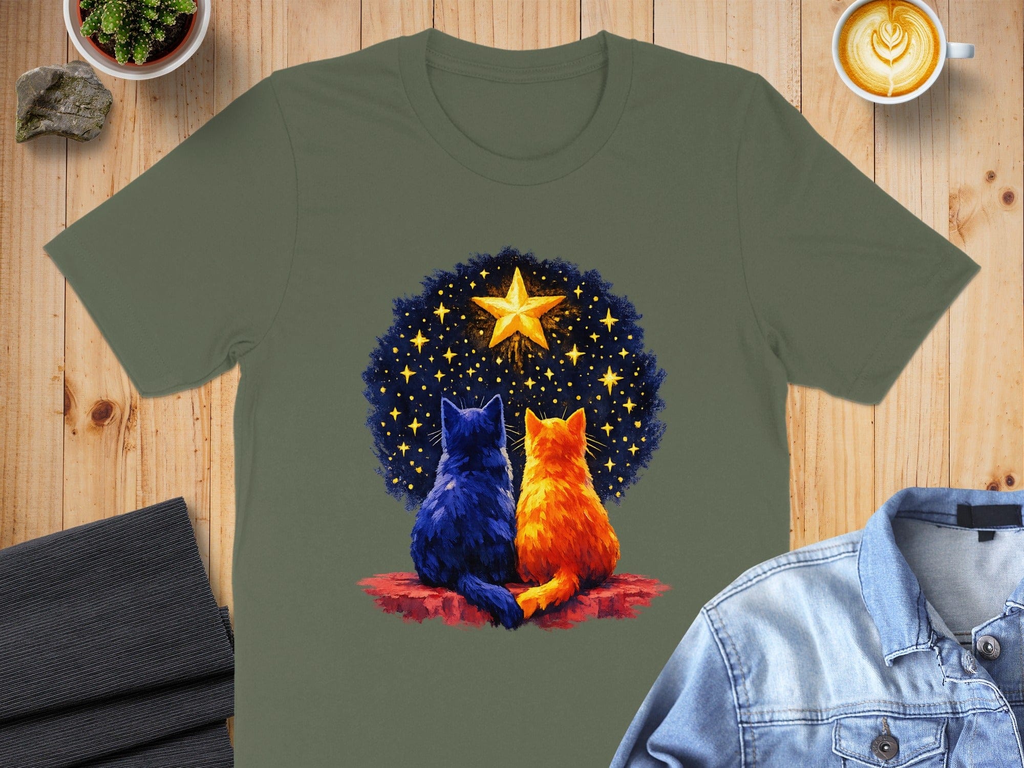 Two Cats Watching a Star Artistic Design T-shirt
