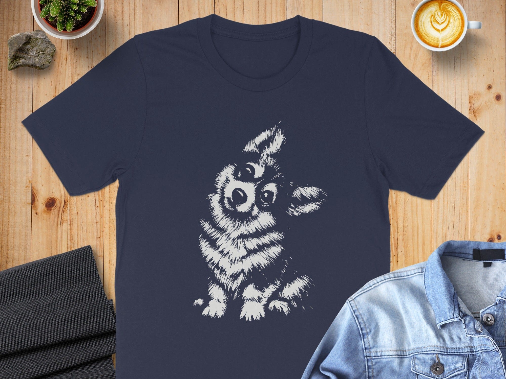 Cute Fluffy Dog Graphic Design on Dark Blue T-Shirt