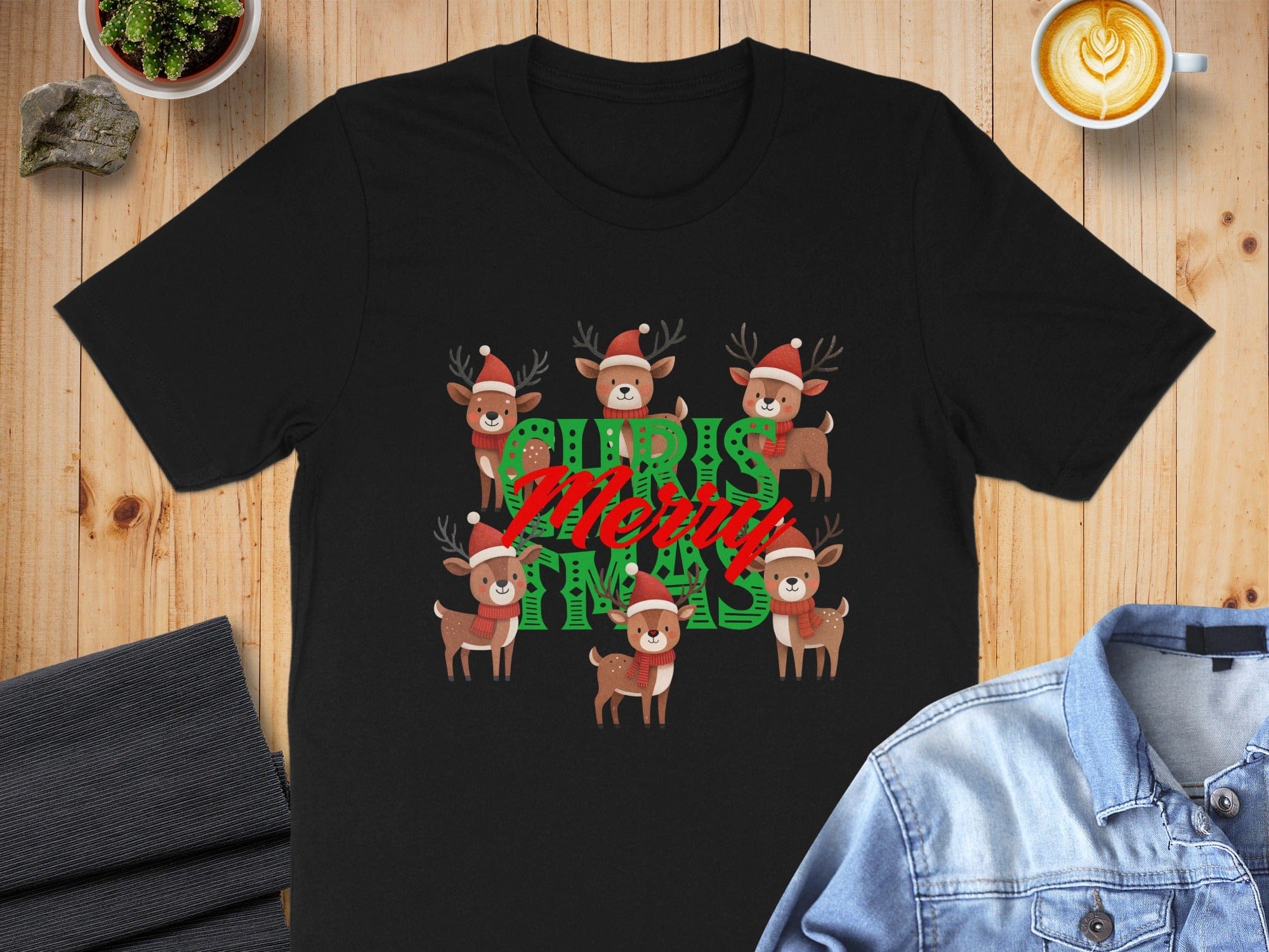 Cute Reindeer and Santa Hats Christmas Shirt