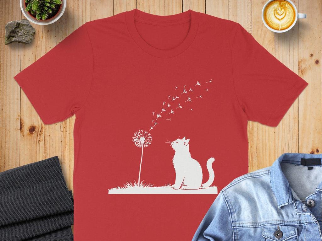 Red Shirt with Cat and Dandelion Design