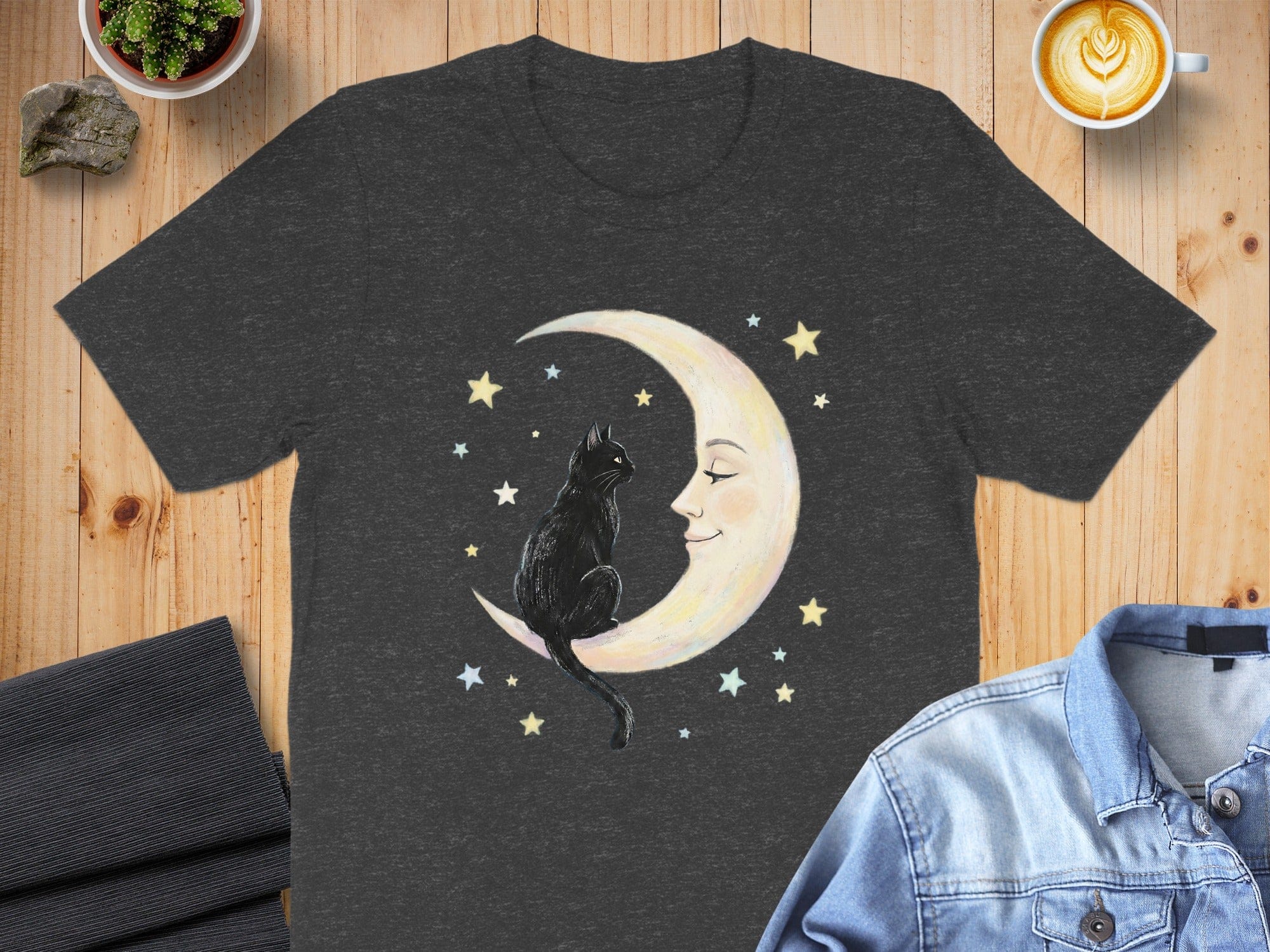 Black Cat Sitting on Crescent Moon Graphic T-Shirt