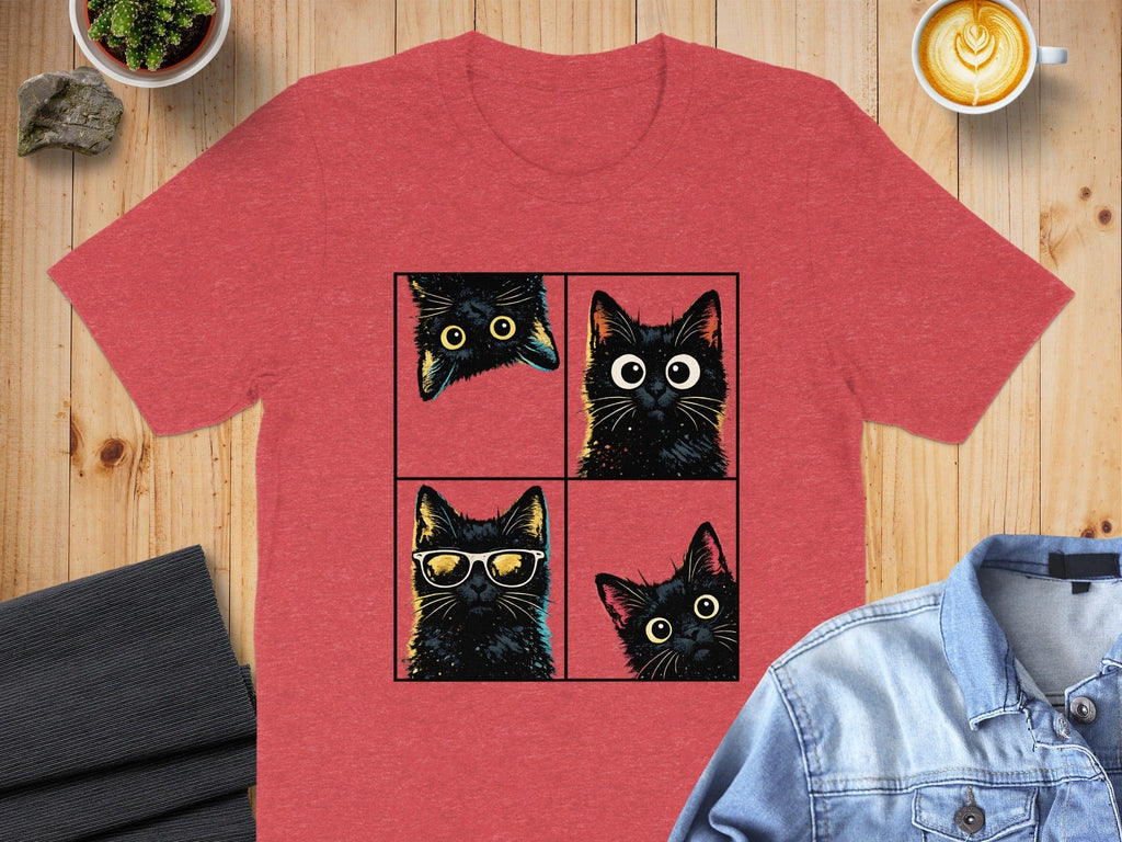 Four Cute Black Cats Design on Red T-Shirt