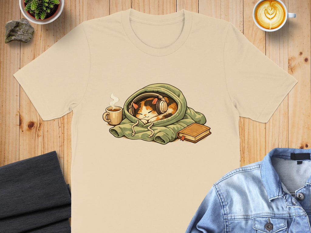 Cozy Cat with Coffee and Book Illustration T-shirt