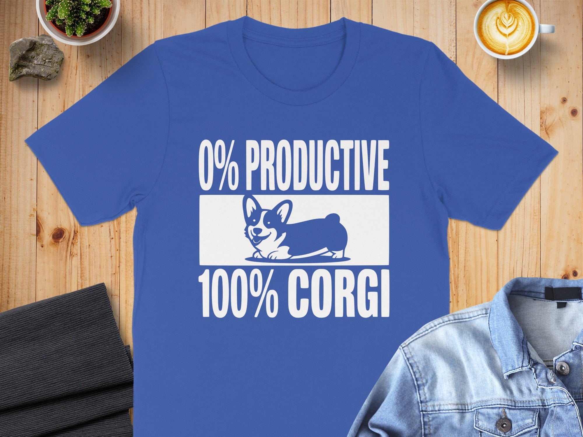 0% Productive 100% Corgi Funny Blue Graphic T-Shirt