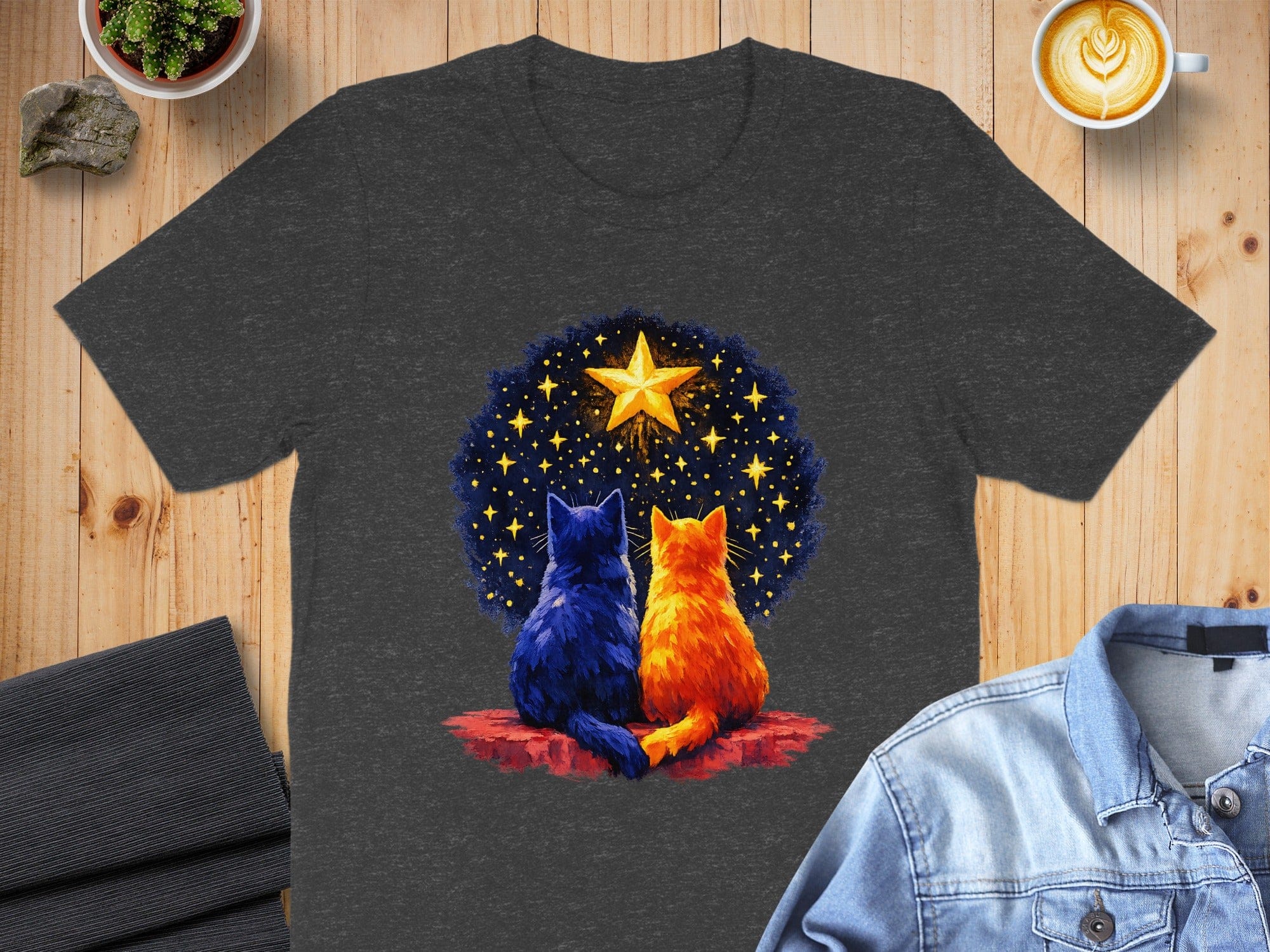 Cats Gaze at Starry Night Sky Graphic T-shirt