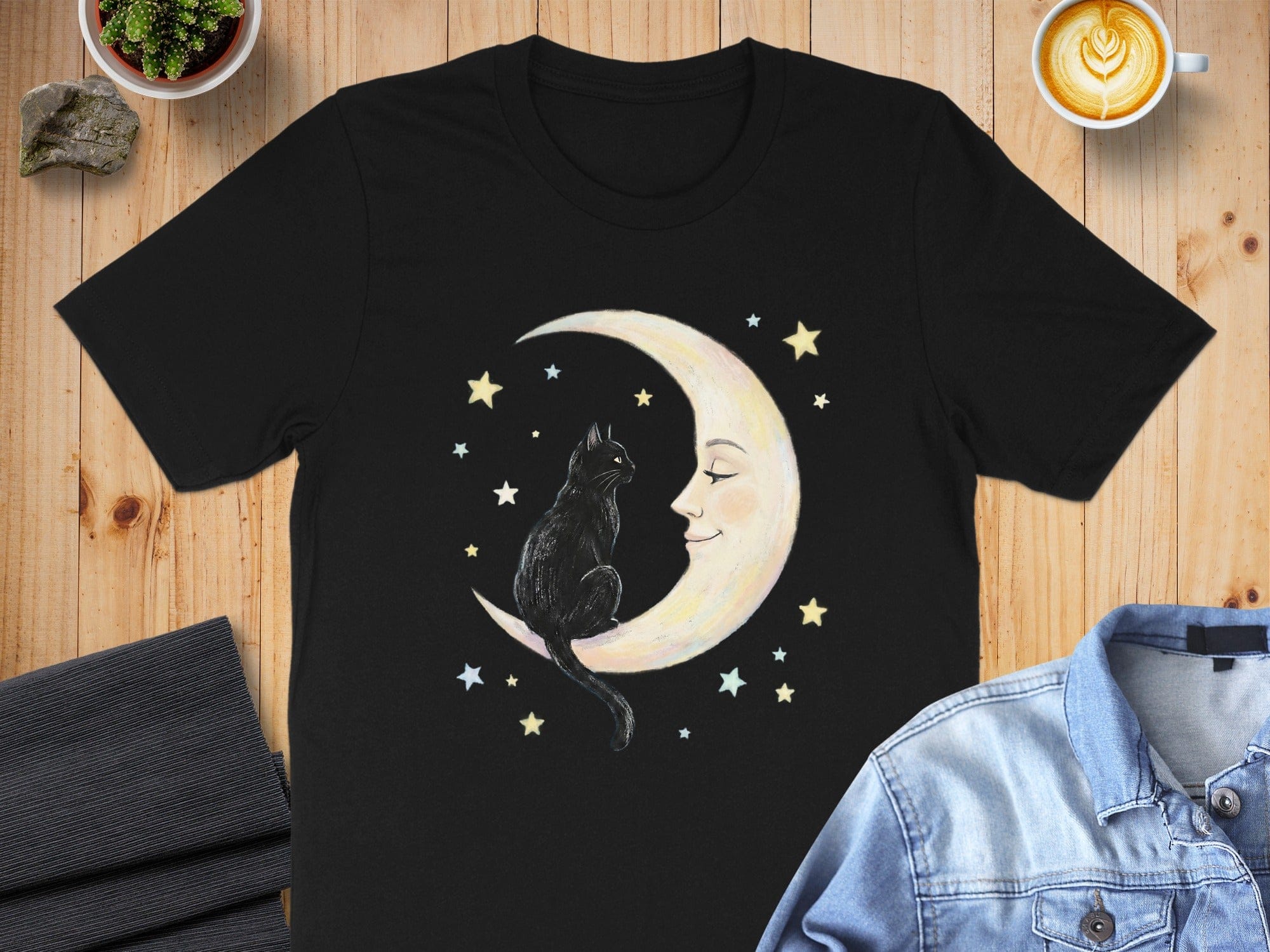 Cat Sitting on Crescent Moon with Stars T-shirt