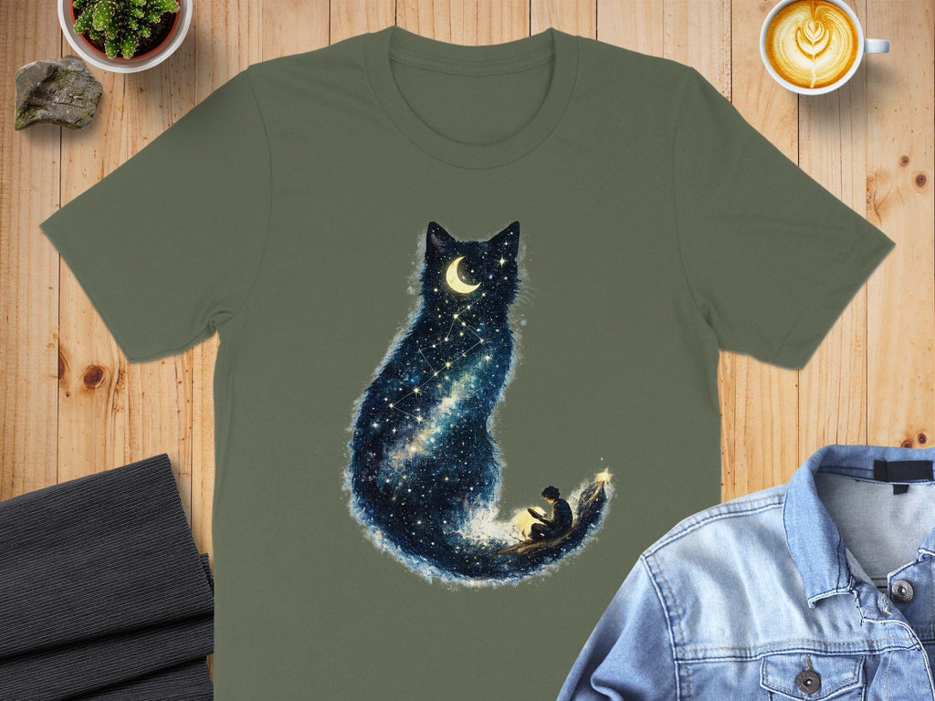 Stargazing Cat with Moon and Stars Design T-shirt