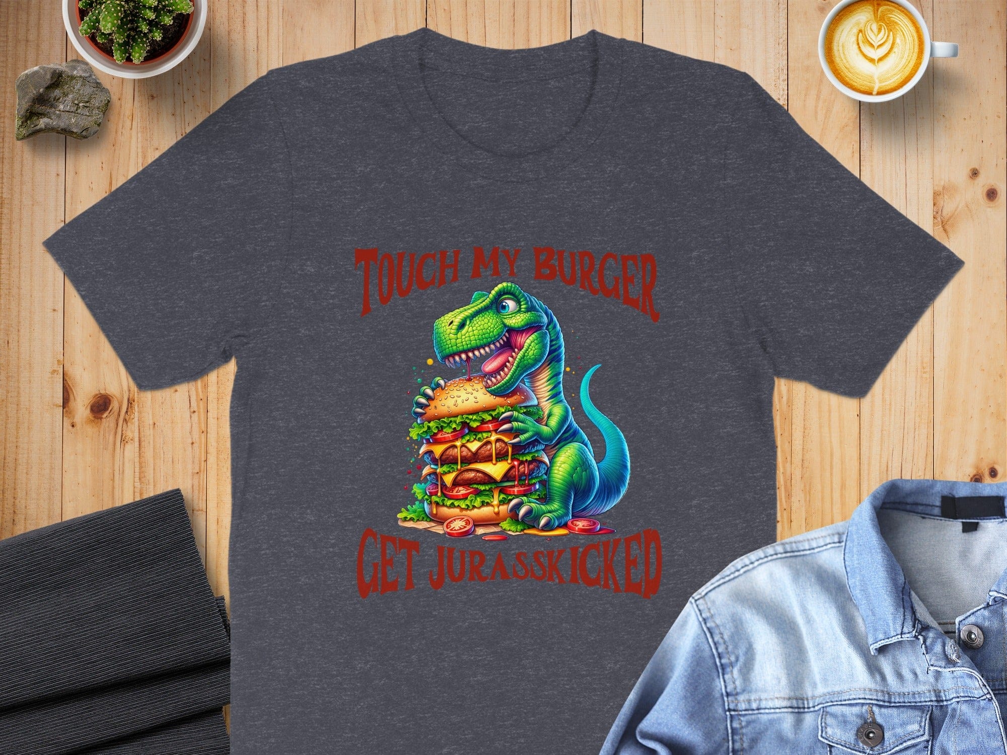 Dinosaur with Funny Burger Print Graphic Design Shirt