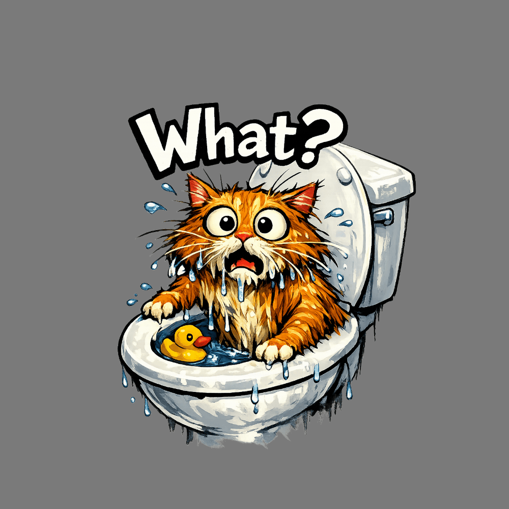 Funny Wet Cat in Toilet Cartoon What? Graphic Design