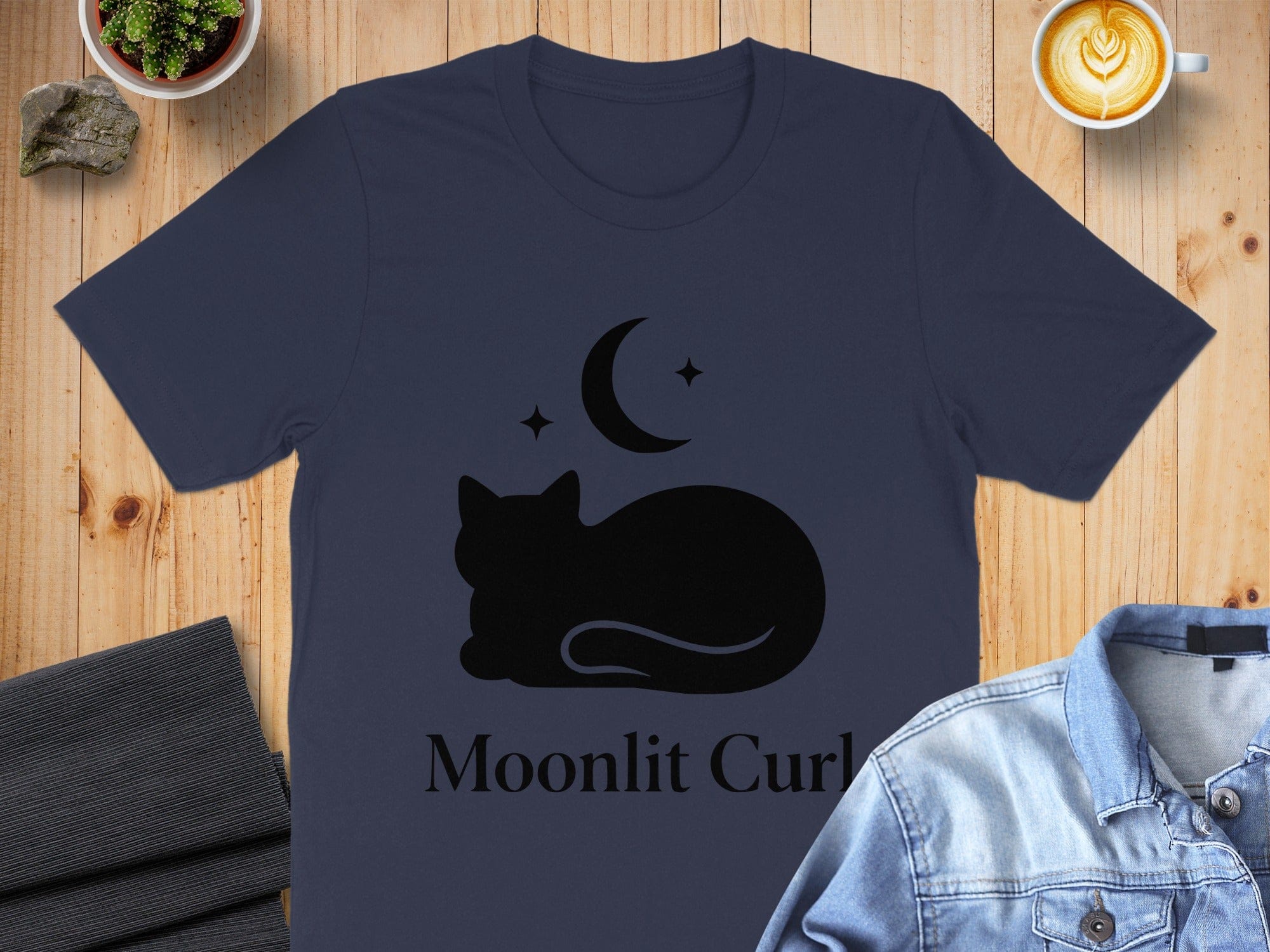 Moonlit Curl Cute Cat Night Design Shirt