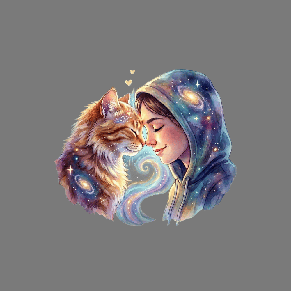 Cozy Hoodie Cat and Girl Enchanted Scene Art Print