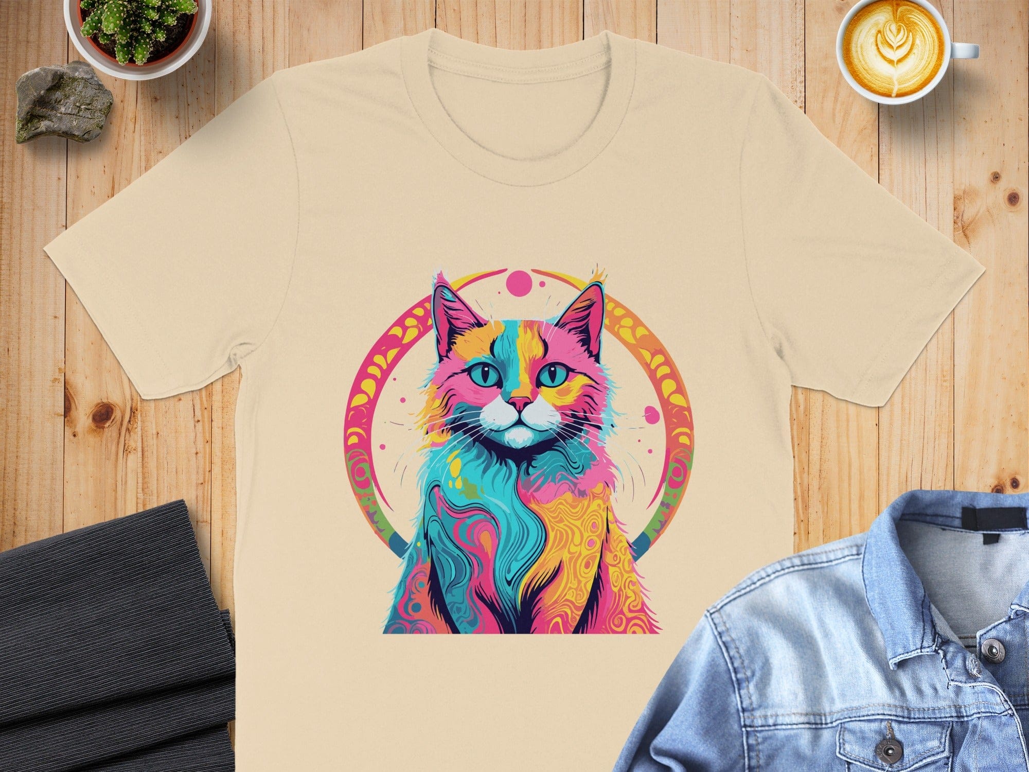 Colorful Cat Design Graphic Tee for Animal Lovers
