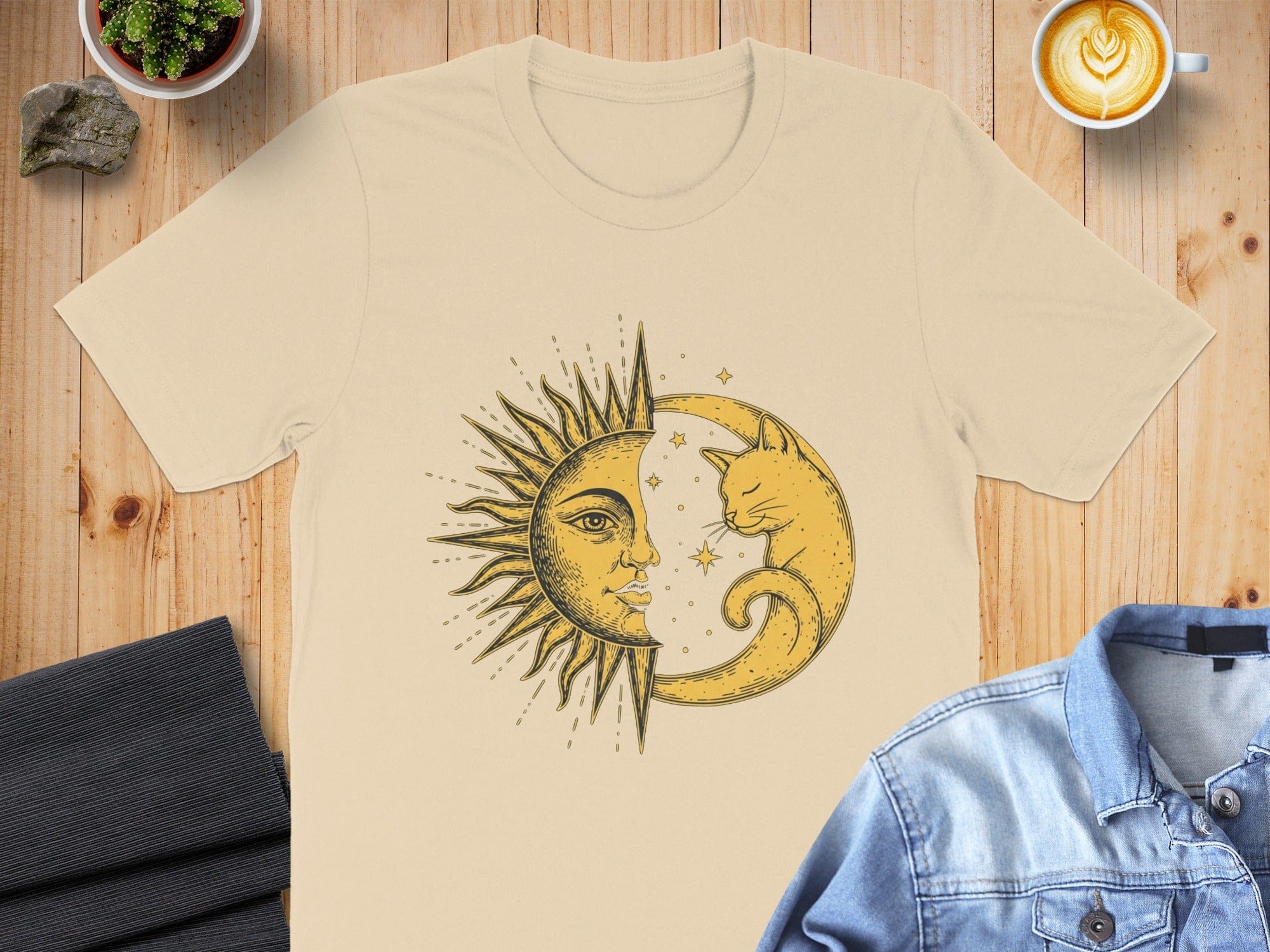 Celestial Sun and Moon with Cat Graphic T-Shirt