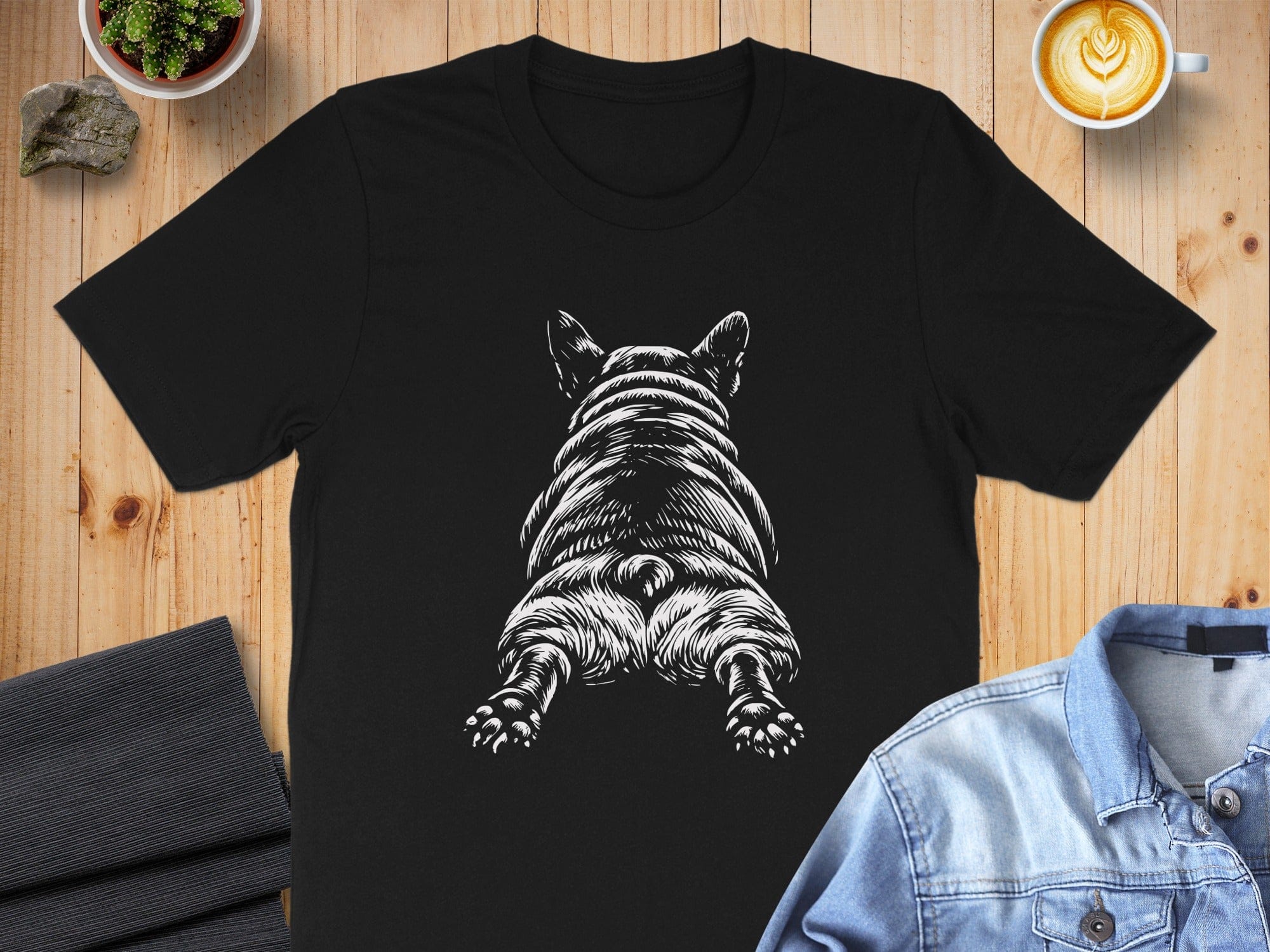 Cute French Bulldog Back Design on Black T-shirt
