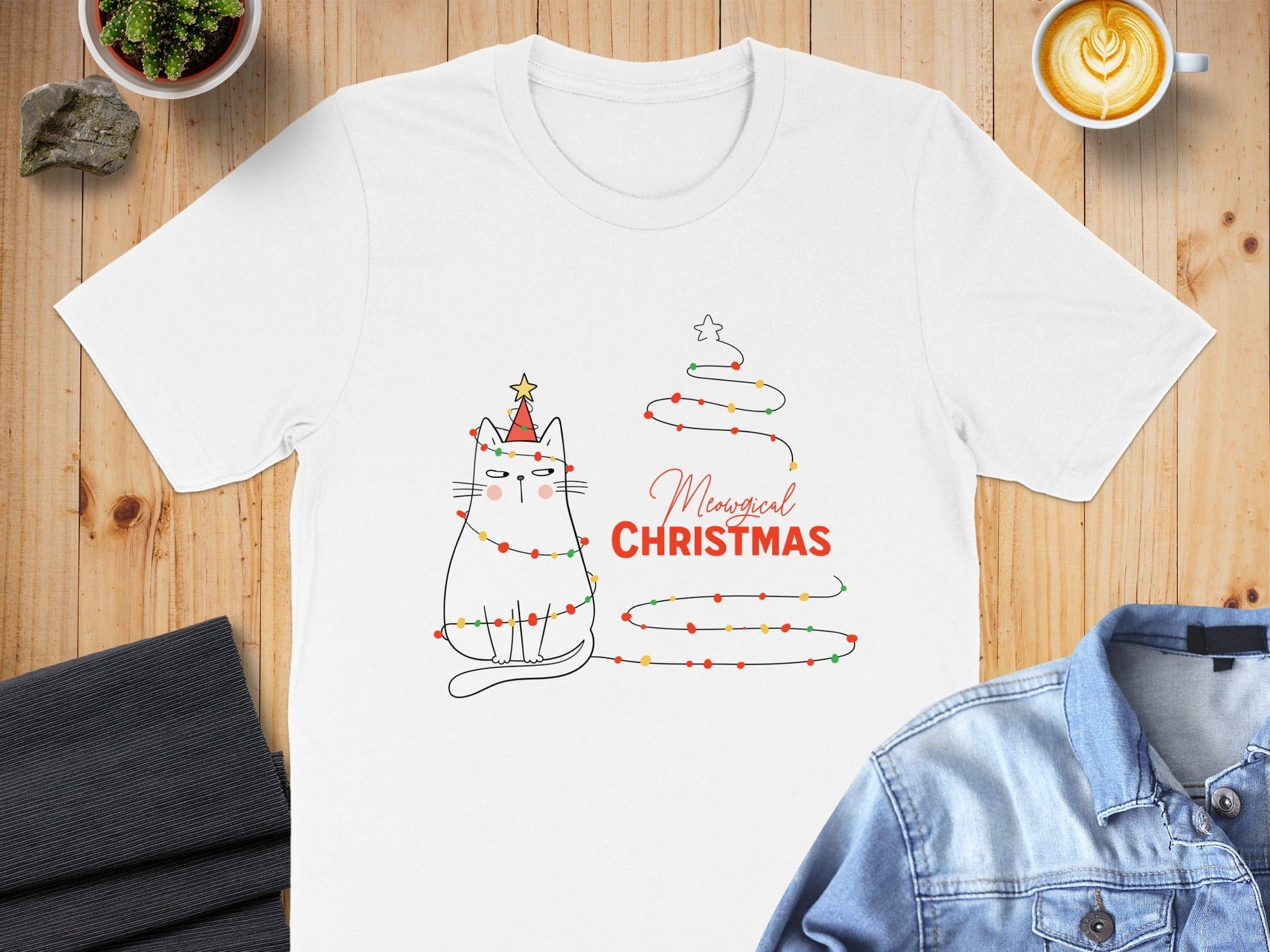 Magical Christmas Cat Pattern Short Sleeve Tee