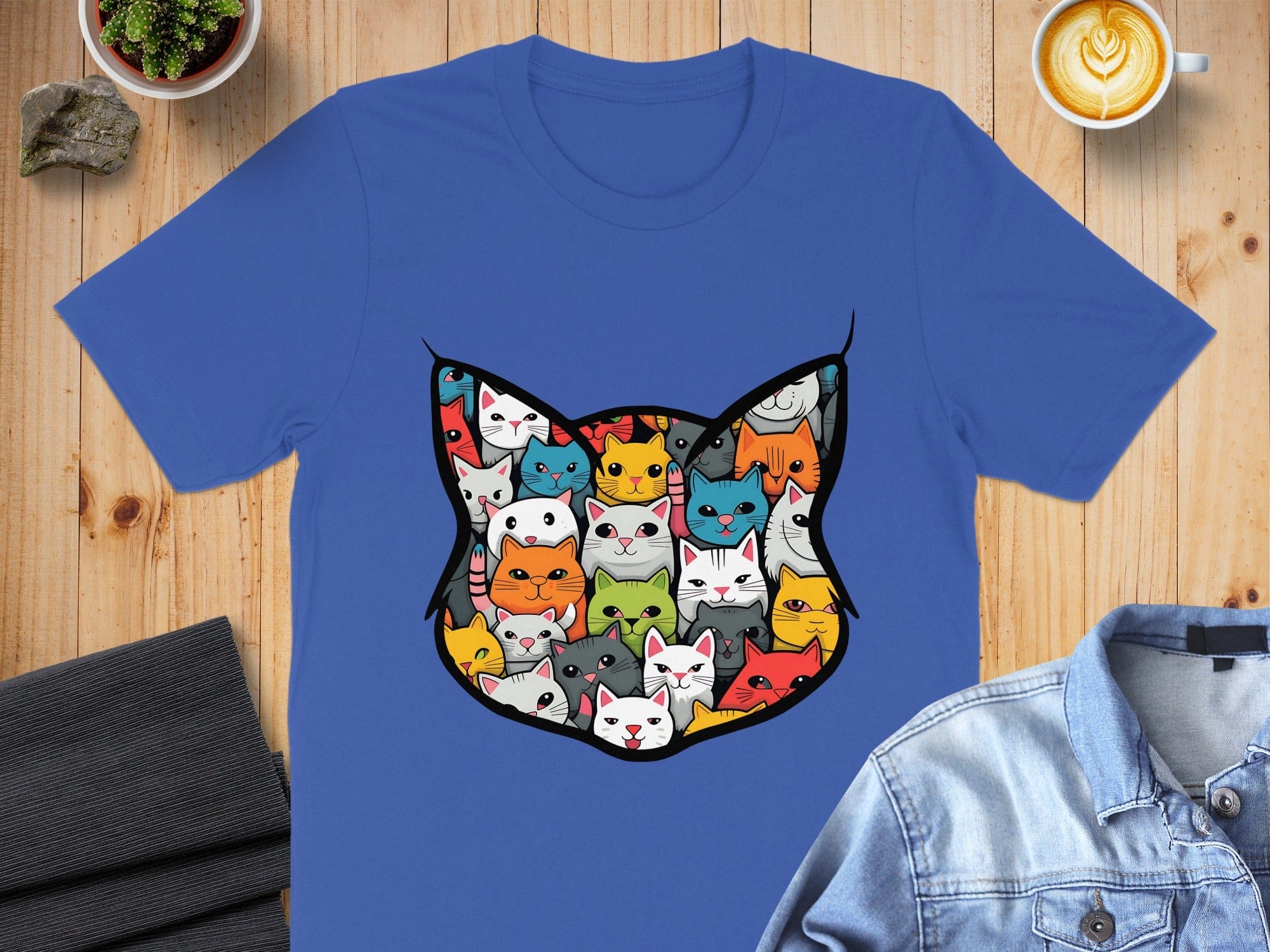 Cartoon Cat Faces in Cat Shape Graphic Design T-Shirt