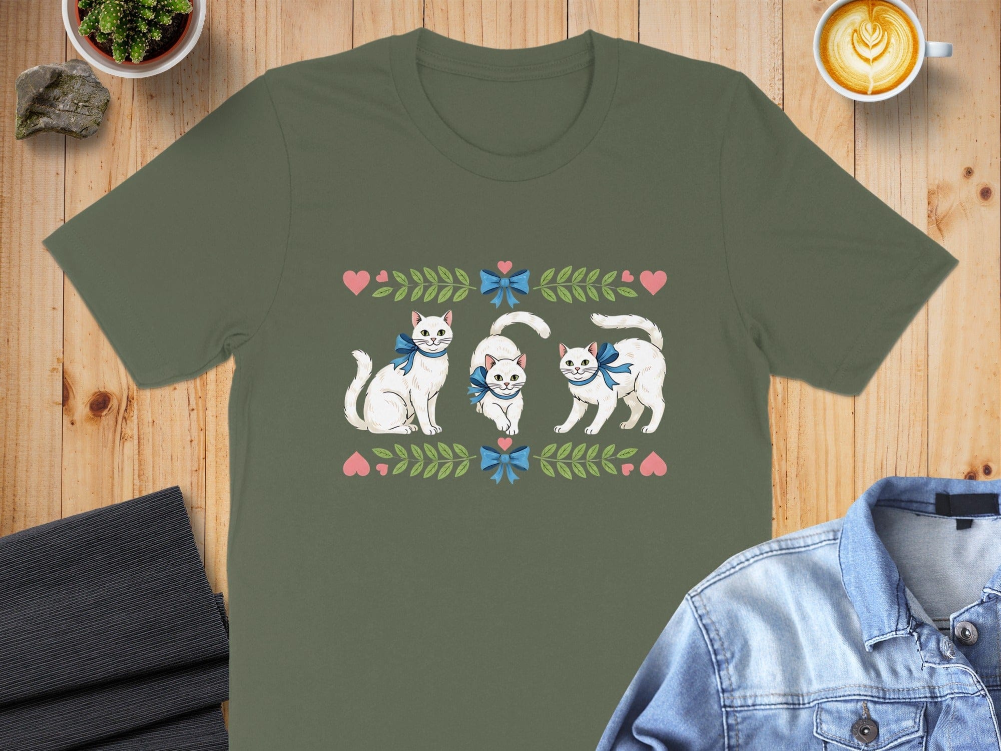 Cute Cats with Bows and Hearts Design T-shirt