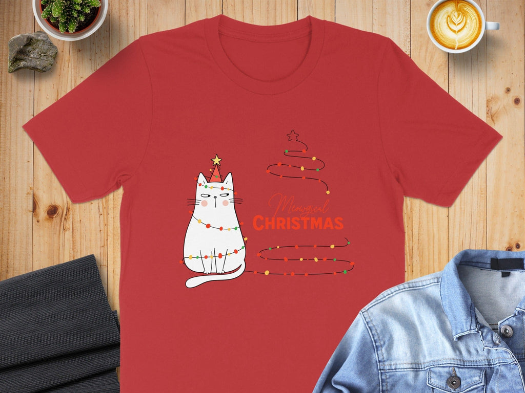 Magical Christmas Cat Shirt on Festive Red Design