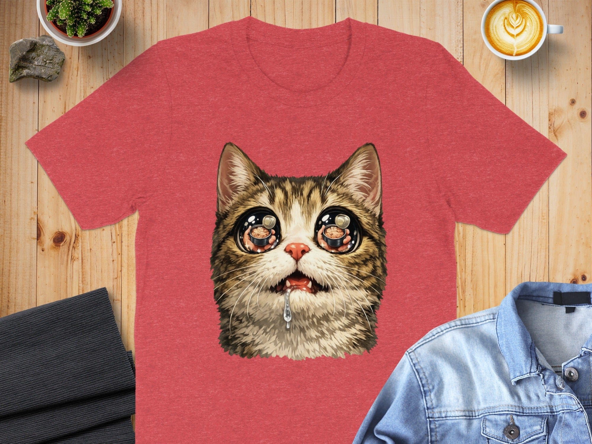 Cute Crying Cat Face on Red Graphic T-Shirt