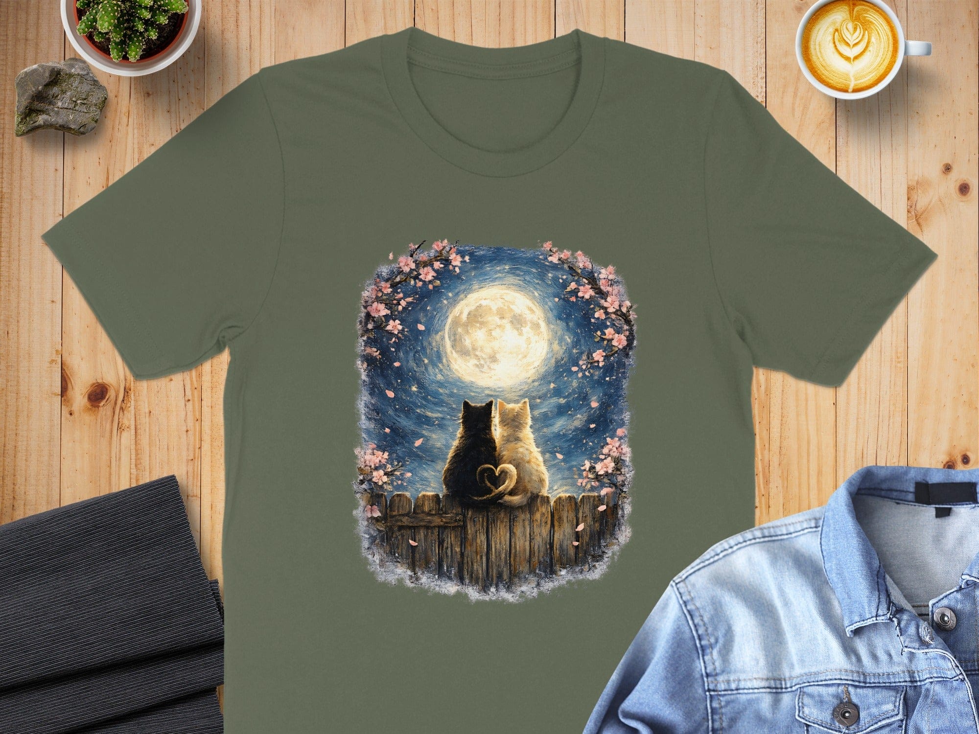 Moonlit Cat Couple Under Cherry Blossoms T-shirt
