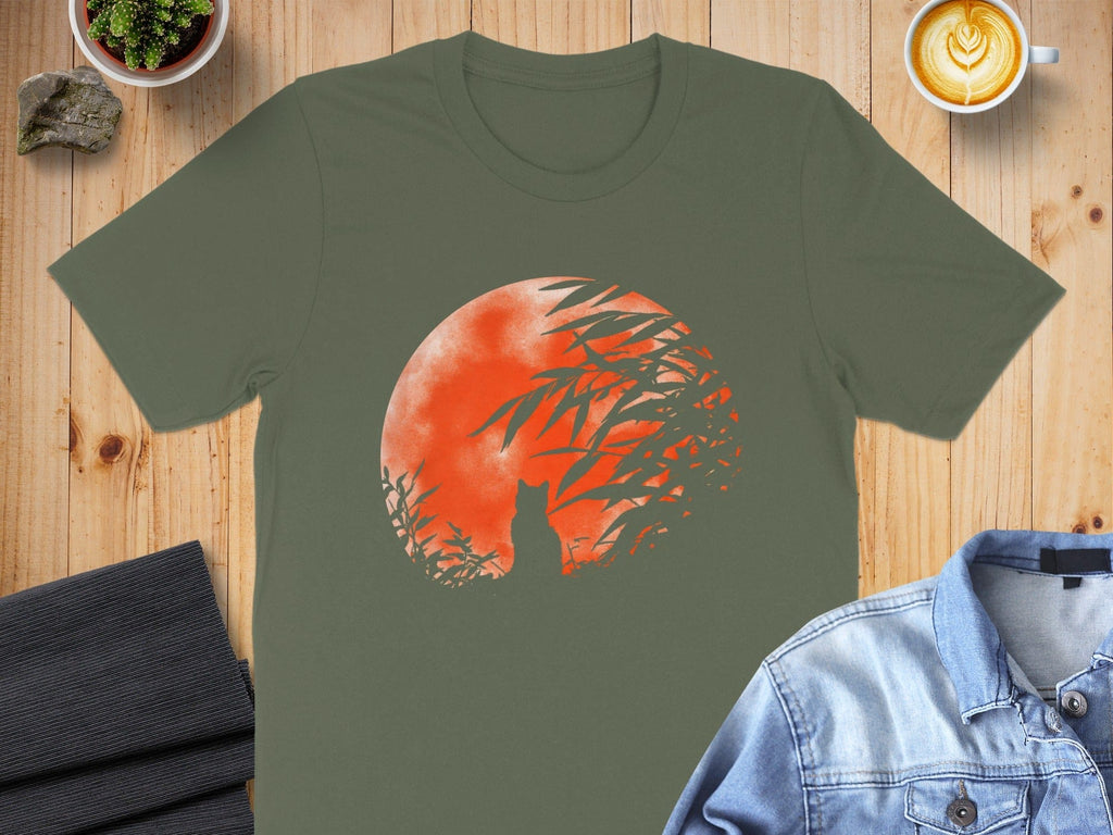 Cat Silhouette with Orange Moon Graphic Shirt Product