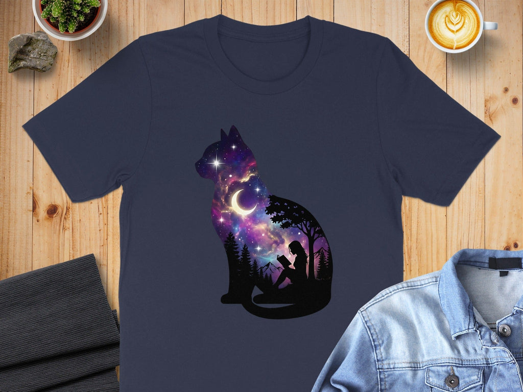 Celestial Cat and Reader Night Sky Silhouette Shirt