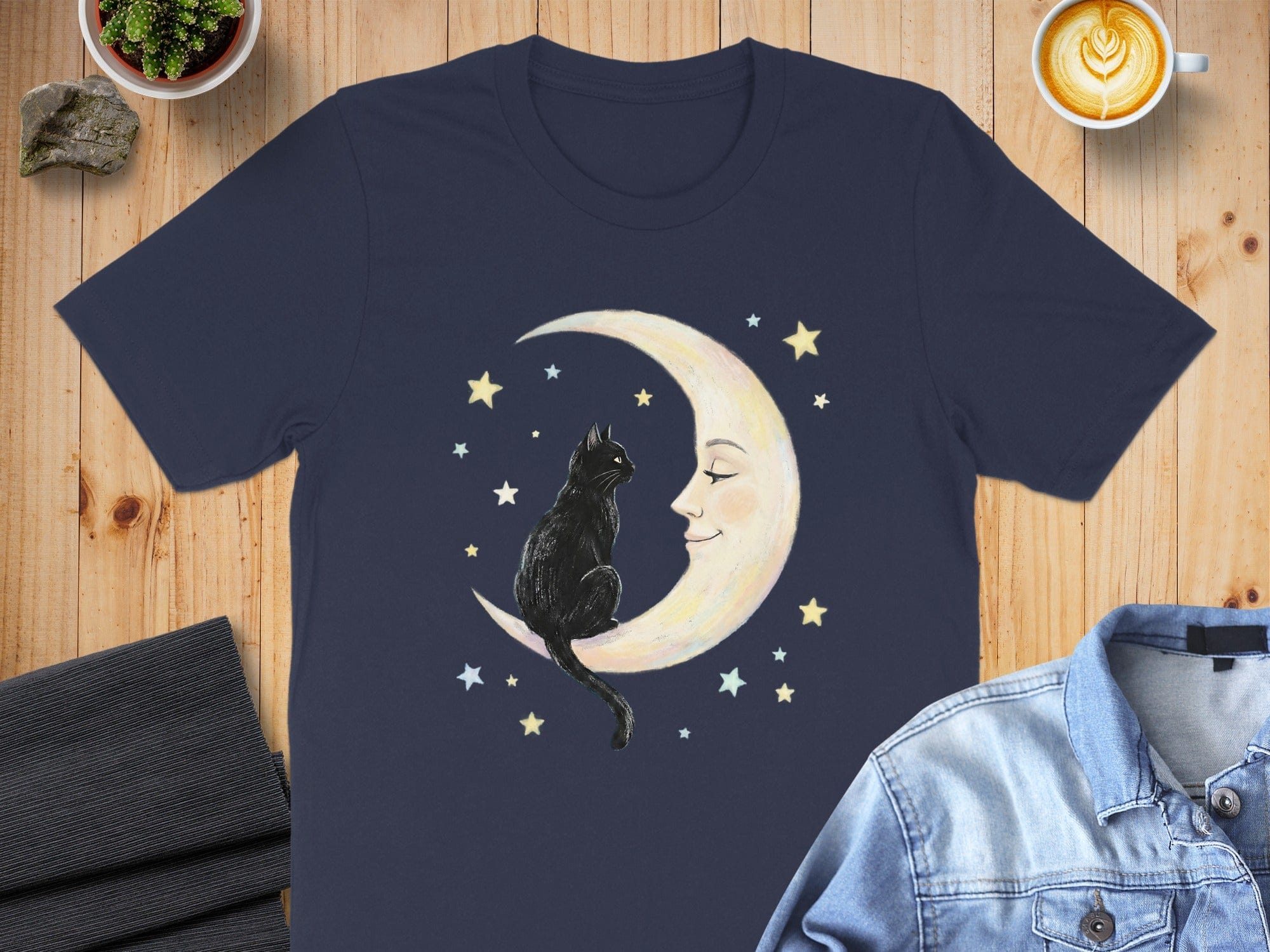Cat Sitting on Crescent Moon with Stars T-Shirt