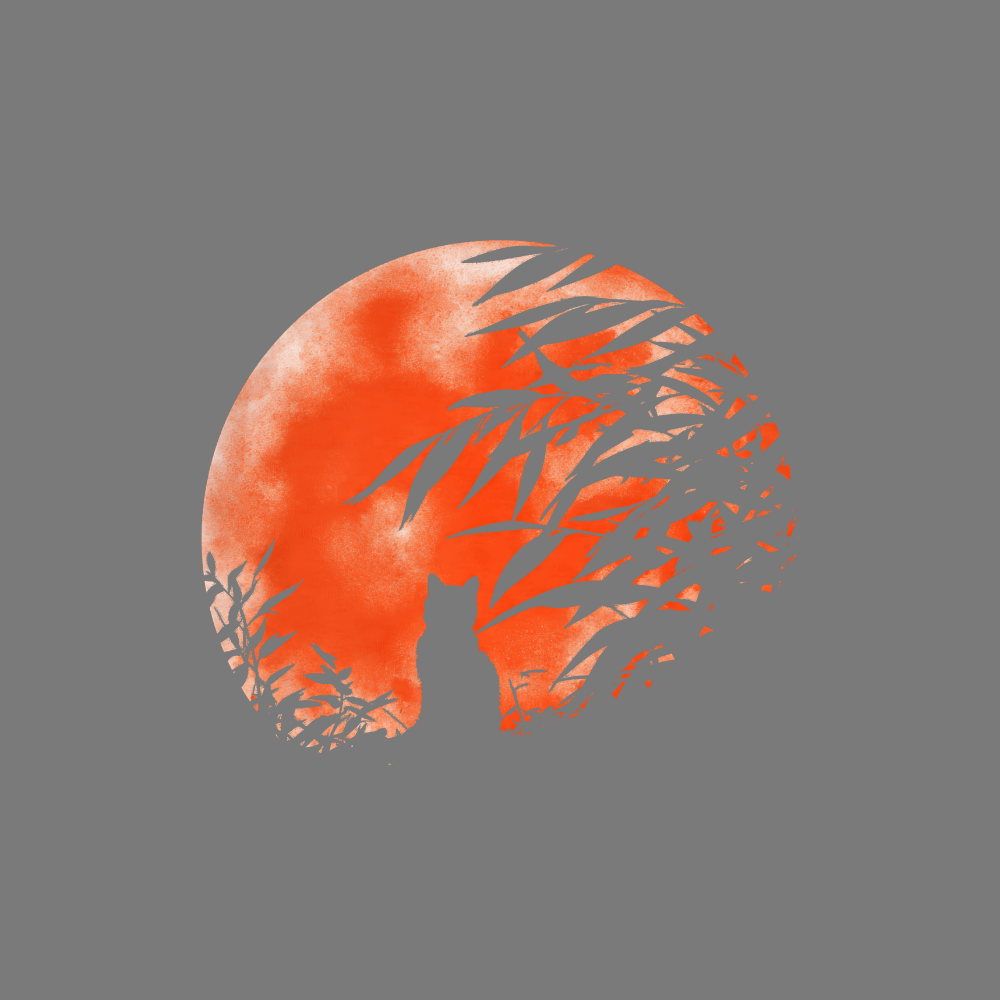 Silhouette Cat and Bamboo with Orange Moon Art Design