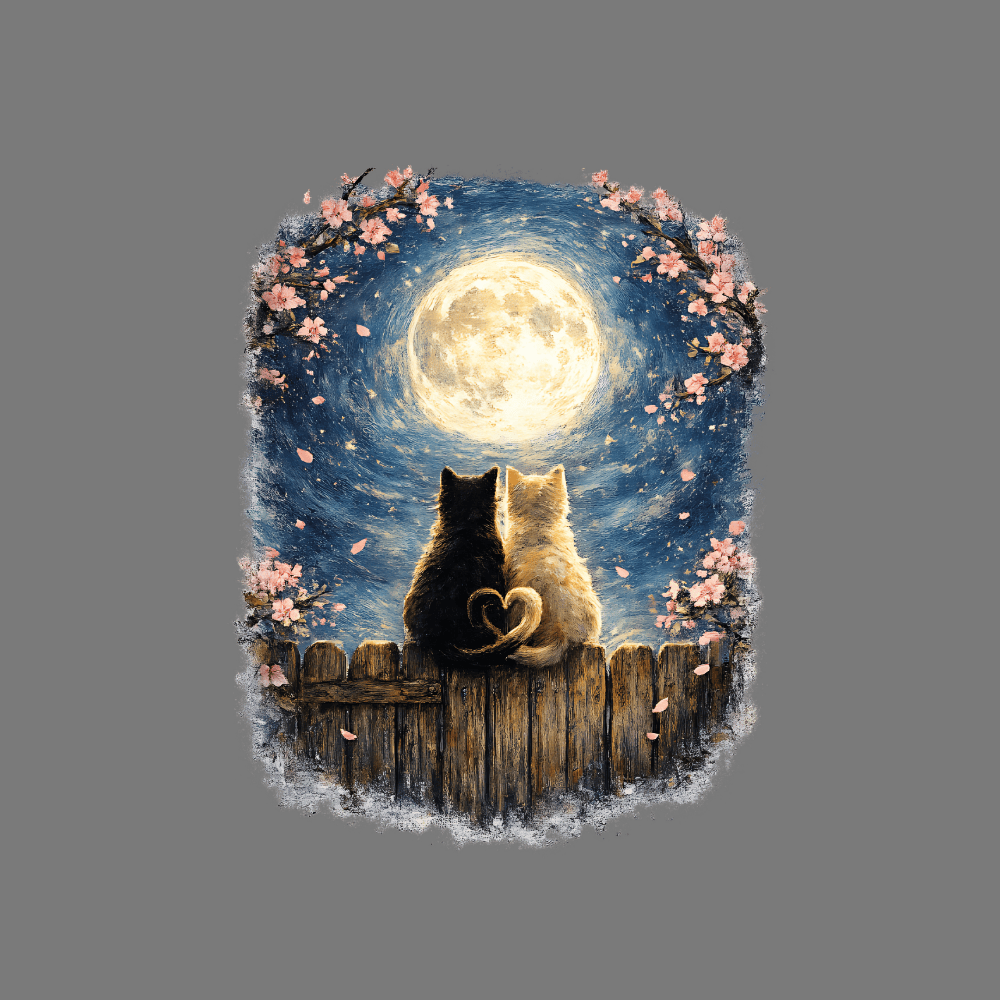 Romantic Cats Under Moonlight with Blossoms Illustration