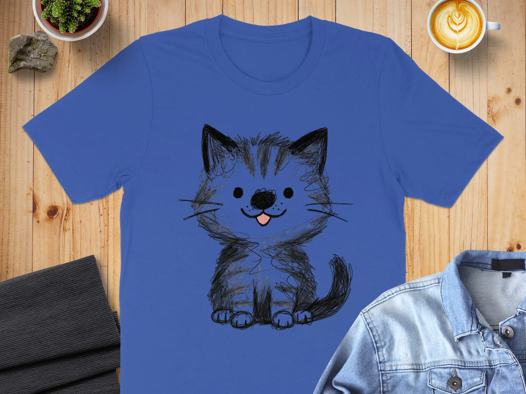 Adorable Cat Sketch Print Blue T-Shirt for Cat Lovers
